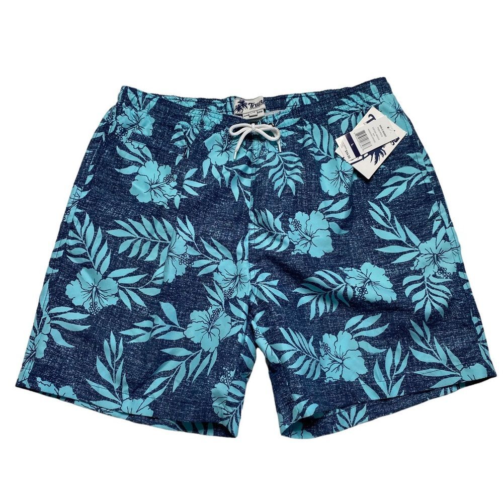 Trunks Surf & Swim Co. Swim Shorts Hibiscus Print Mesh Lined Blue Tropical L NWT